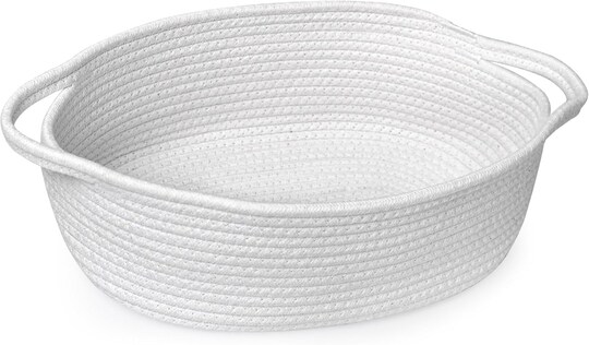 White Small Woven Basket, 13” x 9” x 5” Baskets for Gifts Empty, Cotton Rope Gift Basket, Cute Nursery Baby Basket, Cat Dog Toy Bin Box, Wicker Storage Basket with Handle, Easter Basket